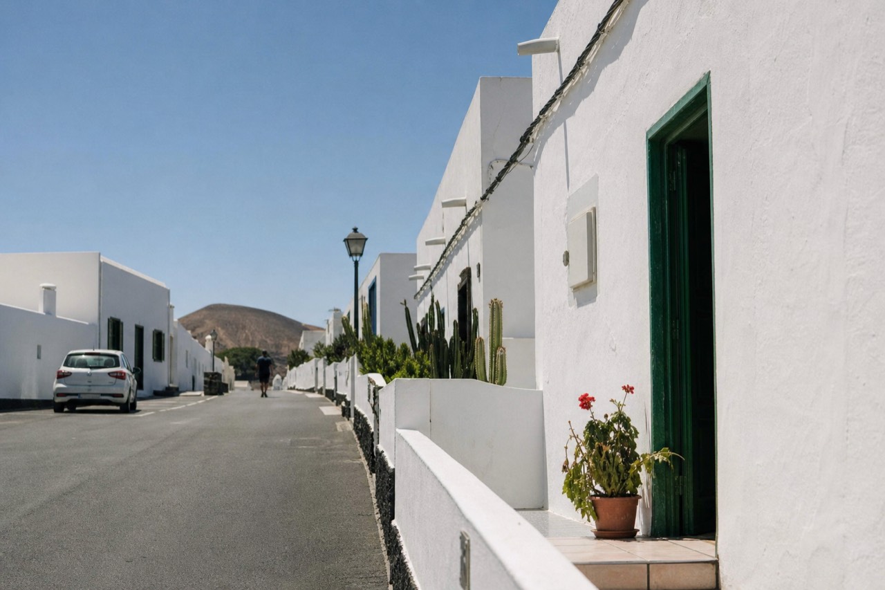 A quiet Lanzarote street with white low buildings under a blue sky