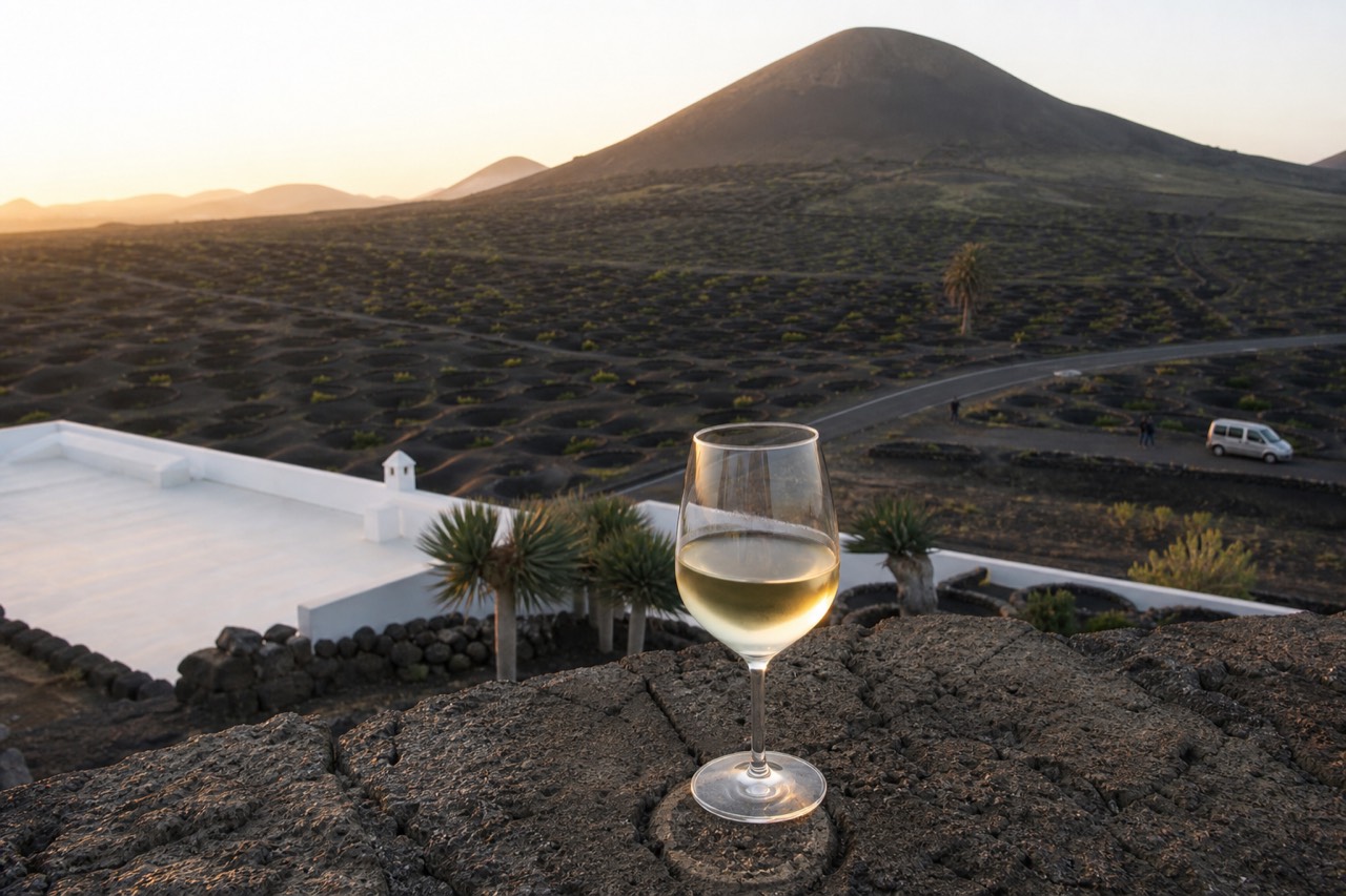 A glass of white wine on a terrace above black volcanic ash vineyards