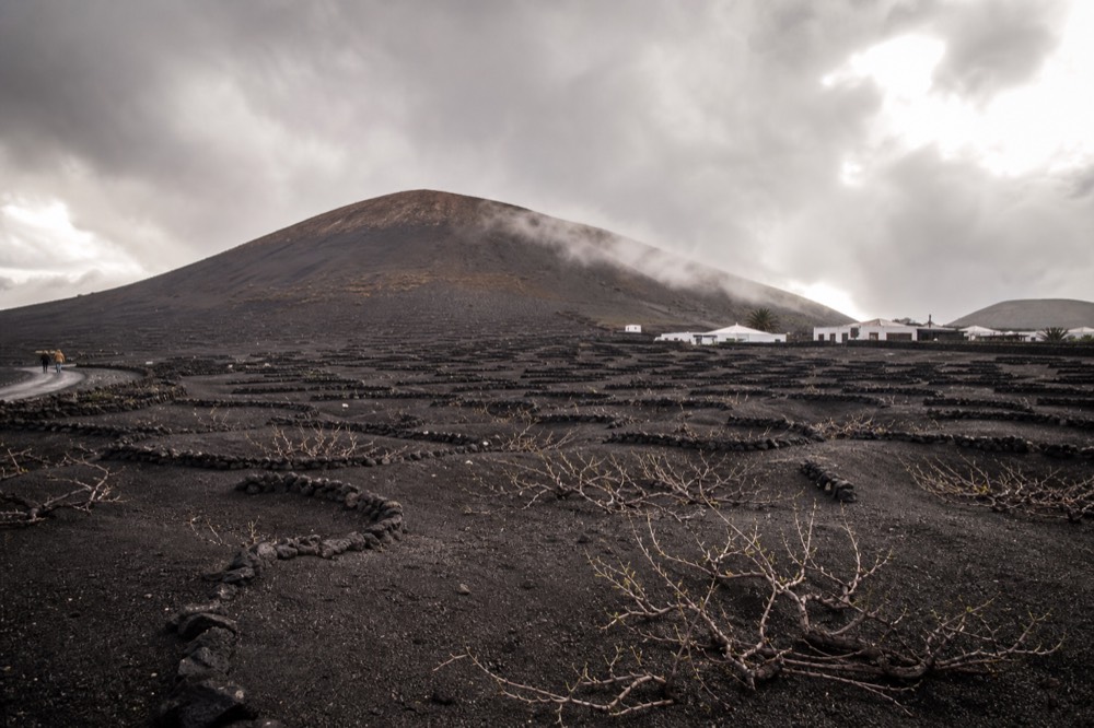 Volcanic cone rising above dark ash fields