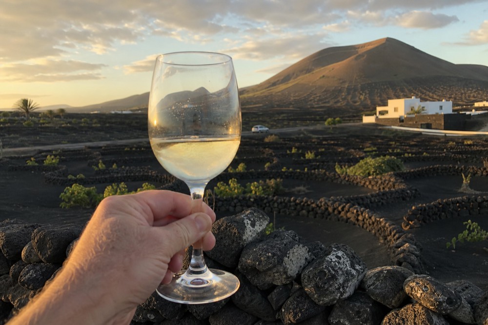 A glass of pale white wine held up against a backdrop of black ash vineyards and a volcano cone