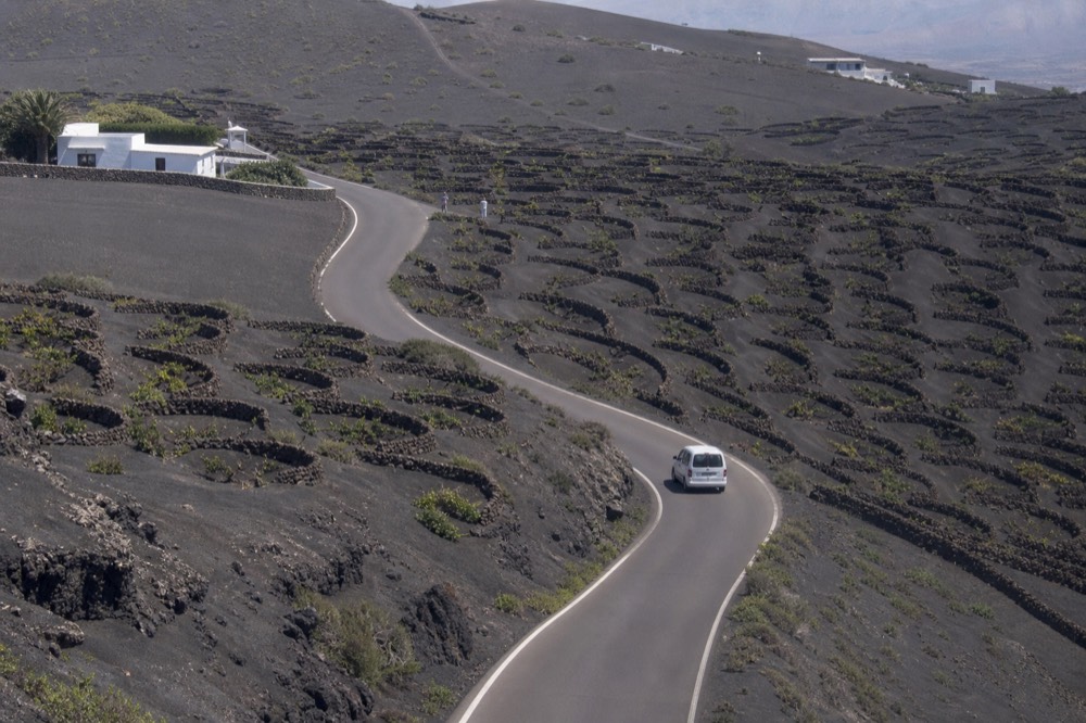 The LZ-30 road winding through La Geria with vineyards on both sides