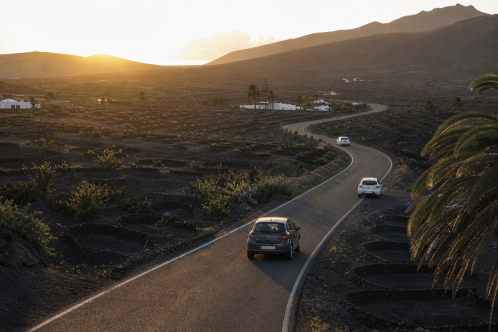 Road winding through black volcanic ash fields with scattered vine pits at golden hour